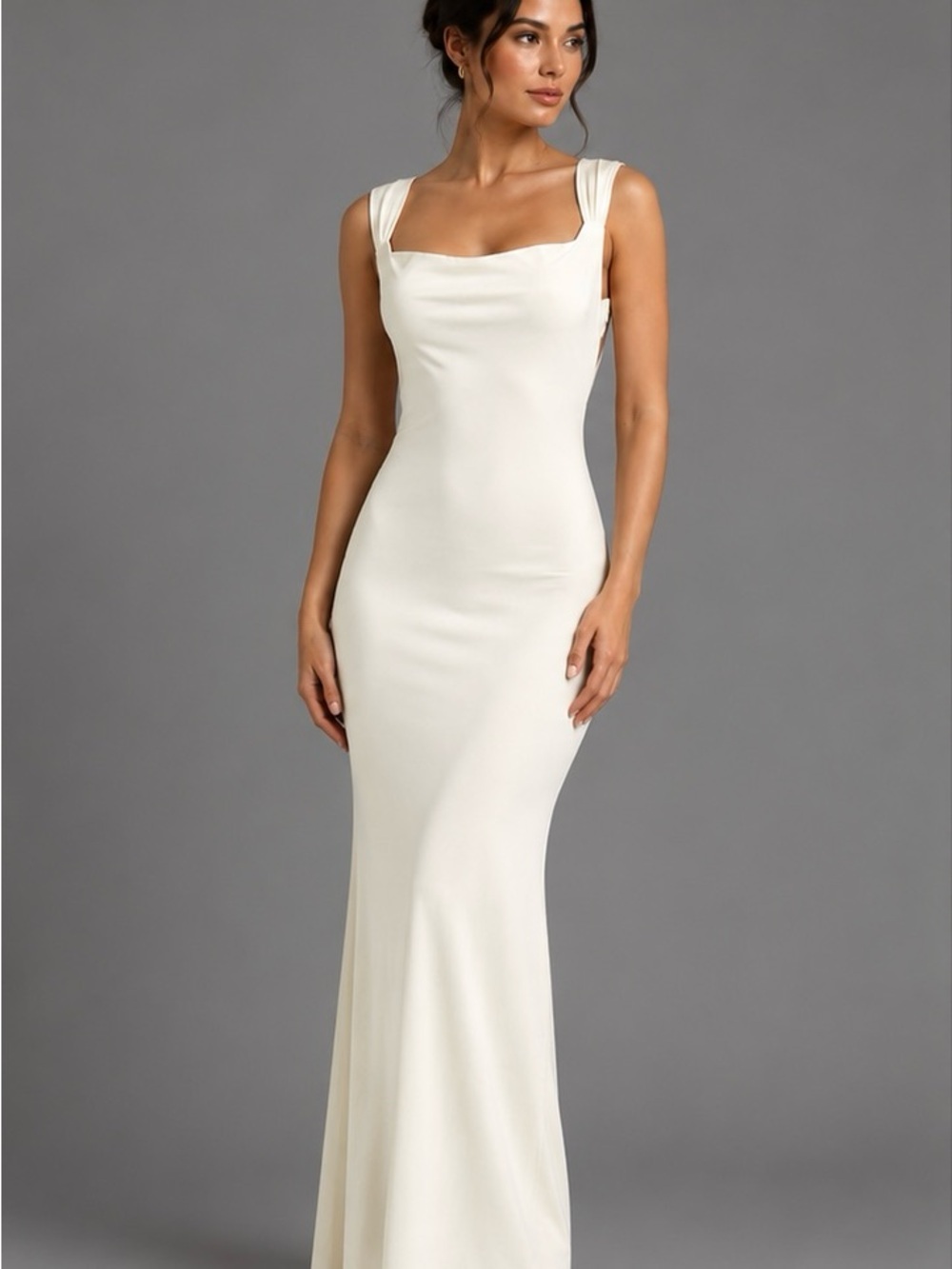Square-Neck White Maxi Dress with Sculpted Silhouette